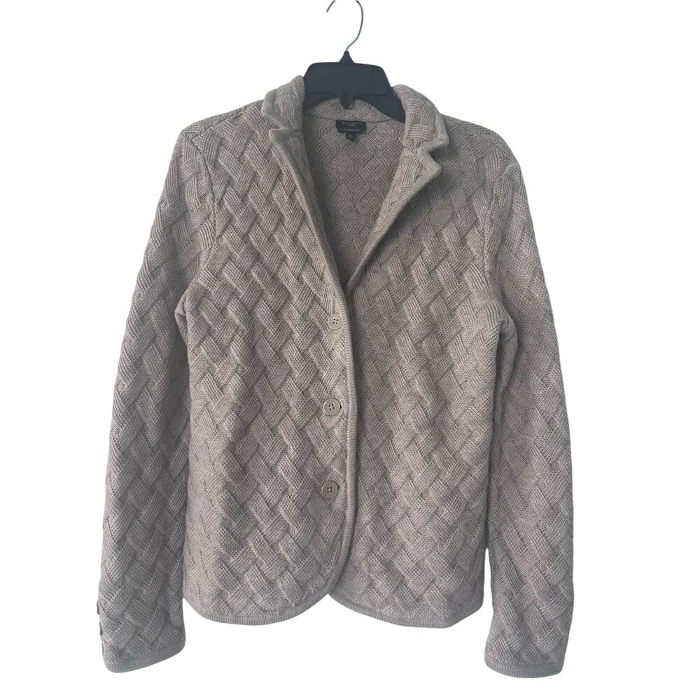 NWOT Talbots Taupe Merino Wool Basket Weave Button-Front Blazer Style Sweater